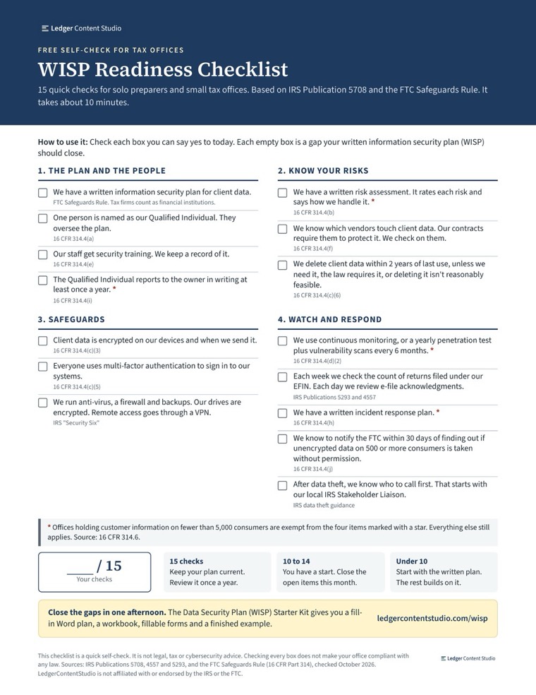 Page one of the WISP Readiness Checklist, with 15 checkboxes in four groups